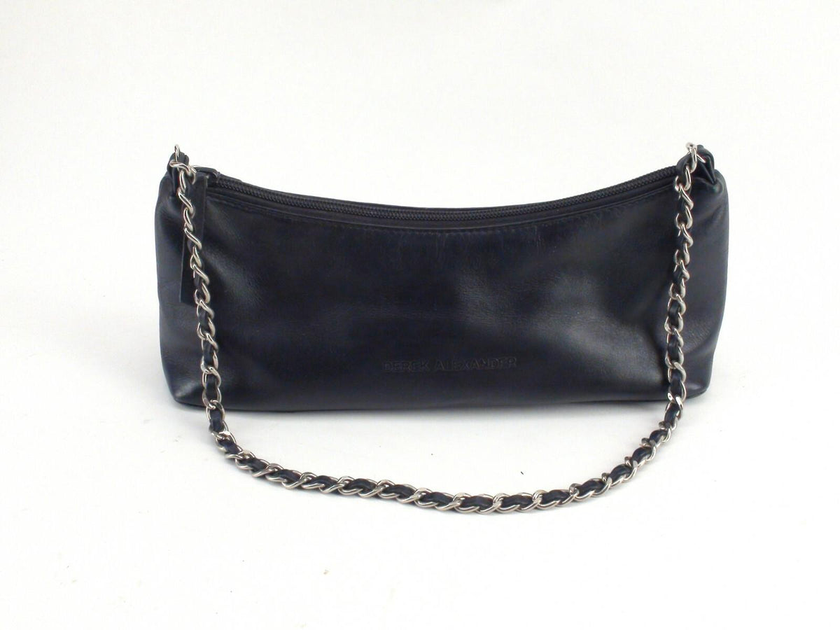 Derek Alexander Black Leather Purse With Chain Strap 12" x 4"