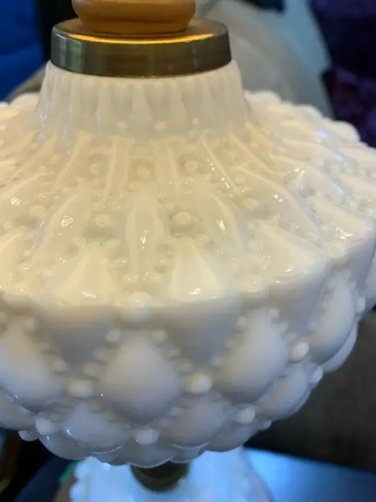 Vintage Hobnail Milk Glass Table Lamp with Wood base and accents