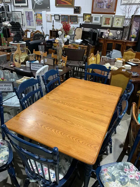 Large Wooden Dining Table and Navy Chairs (8)