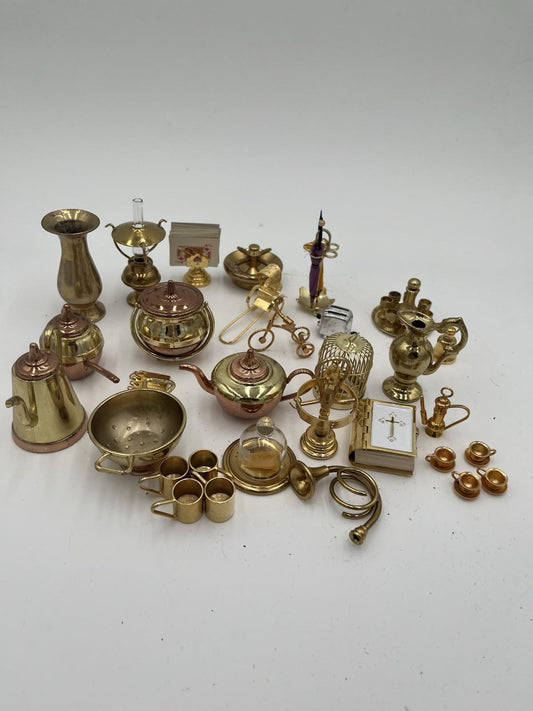 Vintage Brass Dollhouse Miniatures Lot Mixed Trinkets Copper Accents Curio Decor