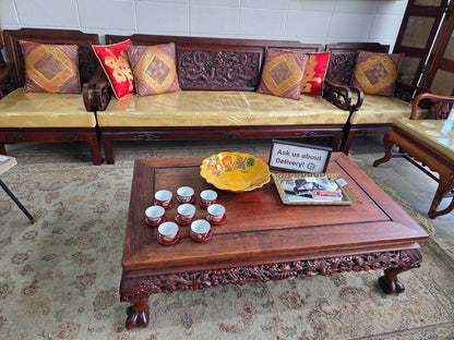 Set of 8 Asian Dragon Design Tea Cups w/ Red Saucers