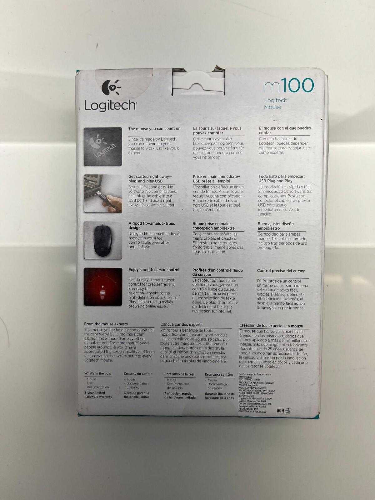 Logitech M100 Wired USB Optical Mouse New In Box