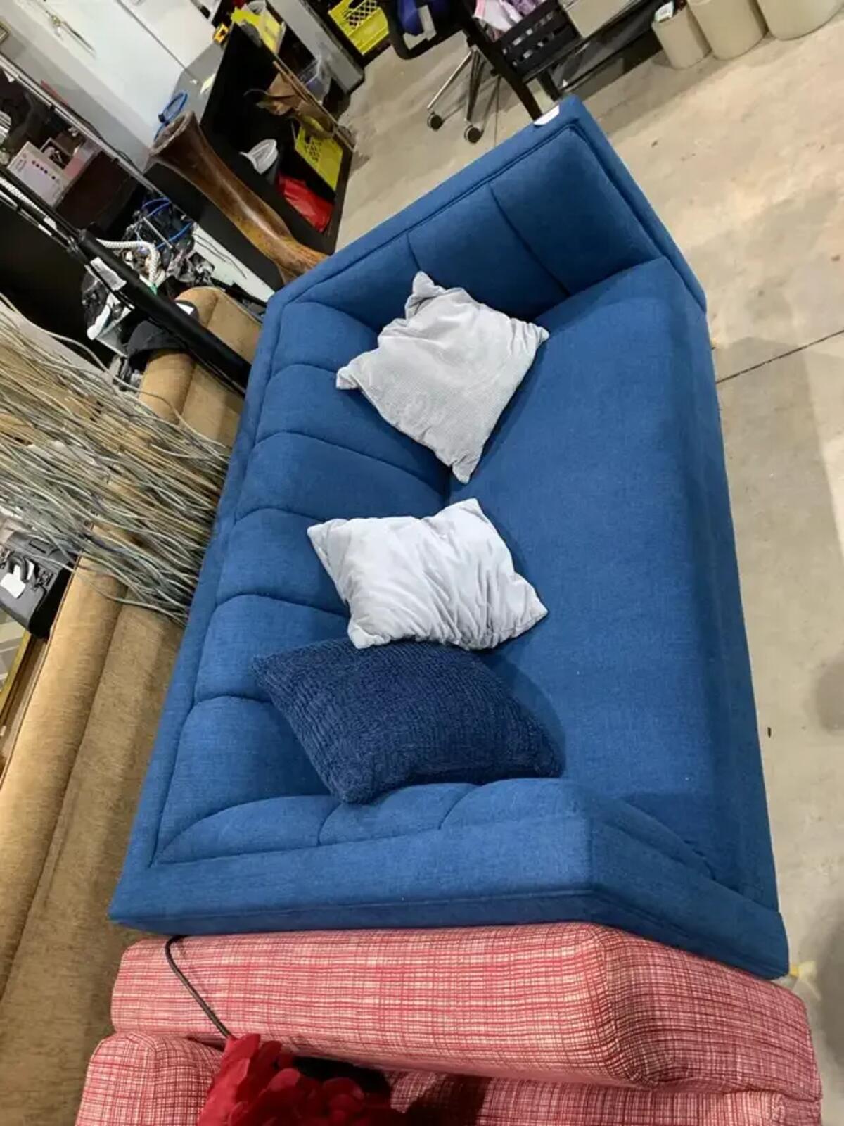 Blue Channel Tufted Sofa on Gold Chrome Feet