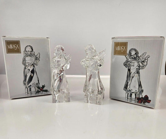 Lot of 2 - Mikasa Crystal Angel Playing Harp/Mand Herald 100% Lead Crystal 8"