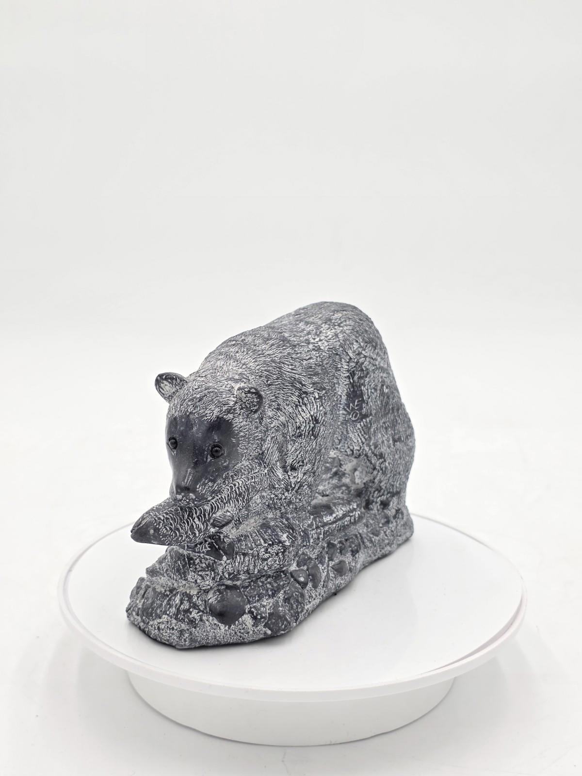 The Wolf Sculptures Canadian 7" Brown Bear With Salmon Hand Carved Soapstone