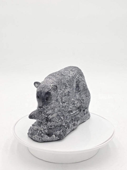 The Wolf Sculptures Canadian 7" Brown Bear With Salmon Hand Carved Soapstone
