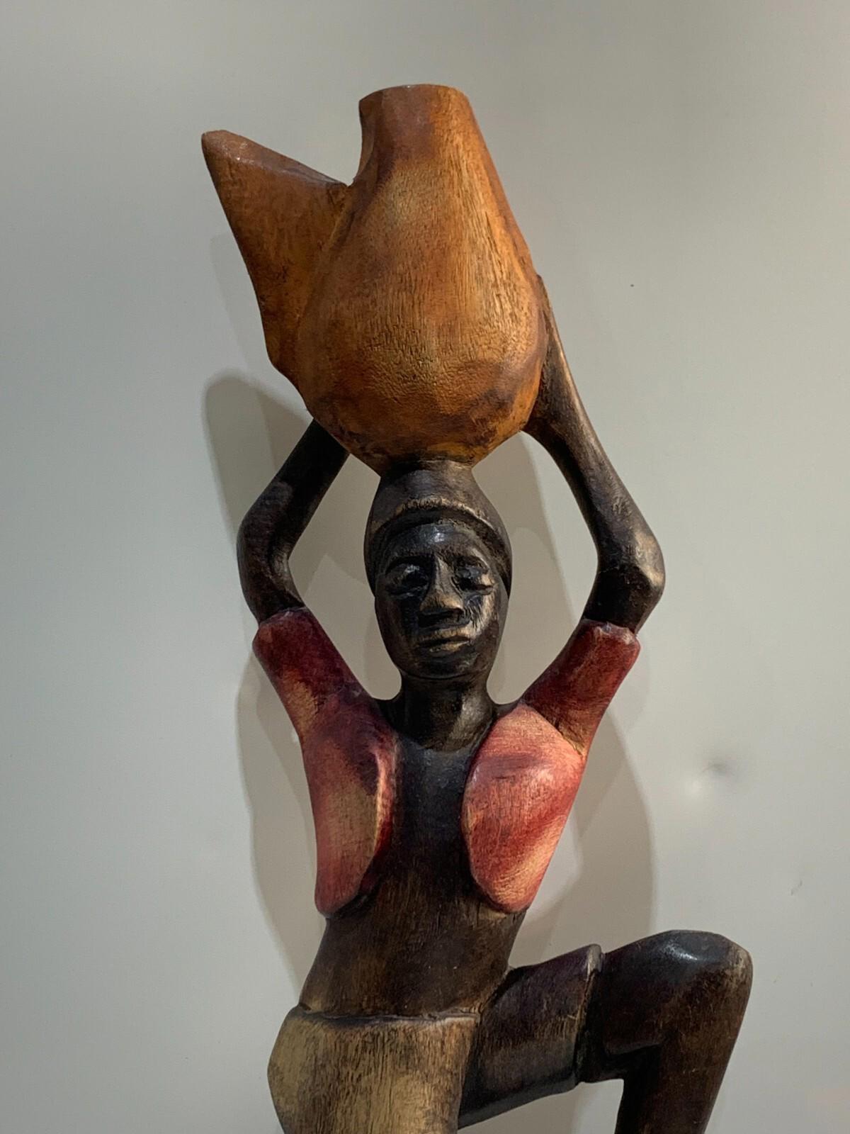 Vintage Hand Carved Wood Figure of Kneeling African Native Woman Holding Basket