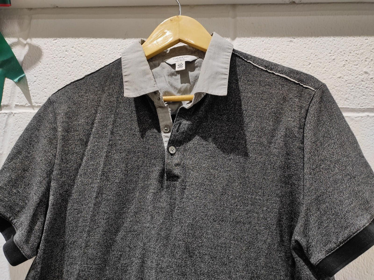 Calvin Klein Liquid Touch Polo Shirt Men's Size L Gray Micro Stripe Casual