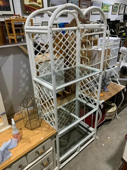 Large White Rattan Glass Shelf Unit