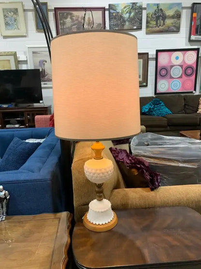 Vintage Hobnail Milk Glass Table Lamp with Wood base and accents