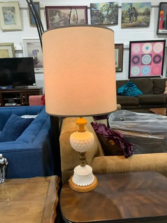 Vintage Hobnail Milk Glass Table Lamp with Wood base and accents