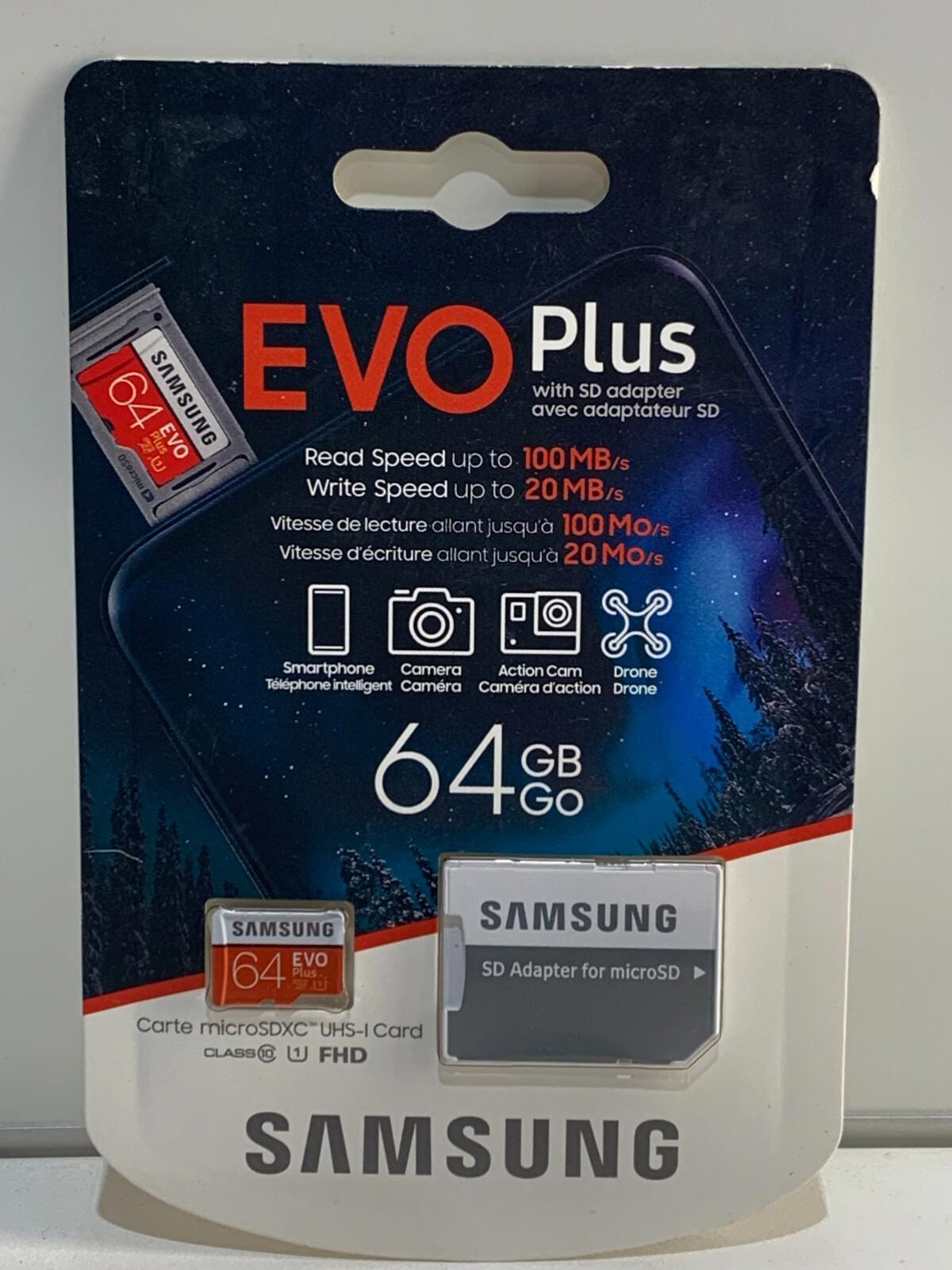 Samsung Evo Plus 64GB Micro SDXC UHS-I Class 10 Flash Memory Card w/ SD Adapter