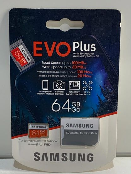 Samsung Evo Plus 64GB Micro SDXC UHS-I Class 10 Flash Memory Card w/ SD Adapter
