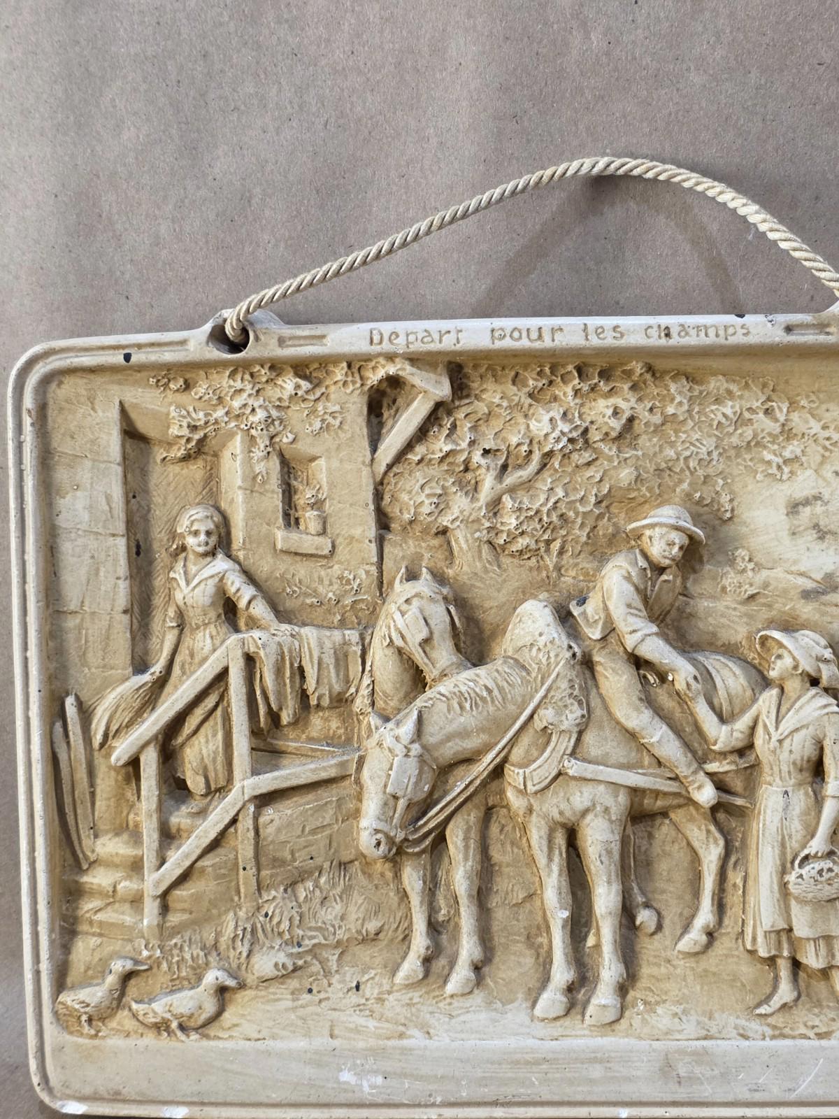 Vintage French Bas-Relief Wall Plaque “Départ pour les champs” Chalkware France