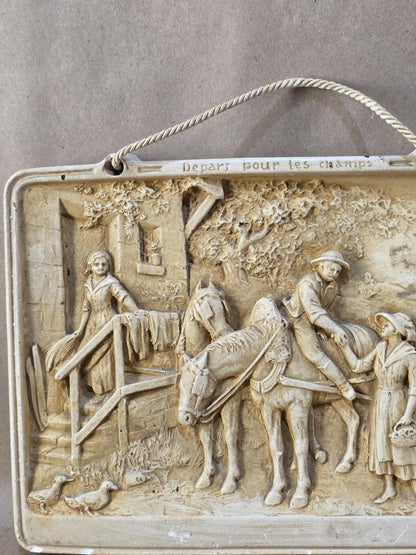 Vintage French Bas-Relief Wall Plaque “Départ pour les champs” Chalkware France