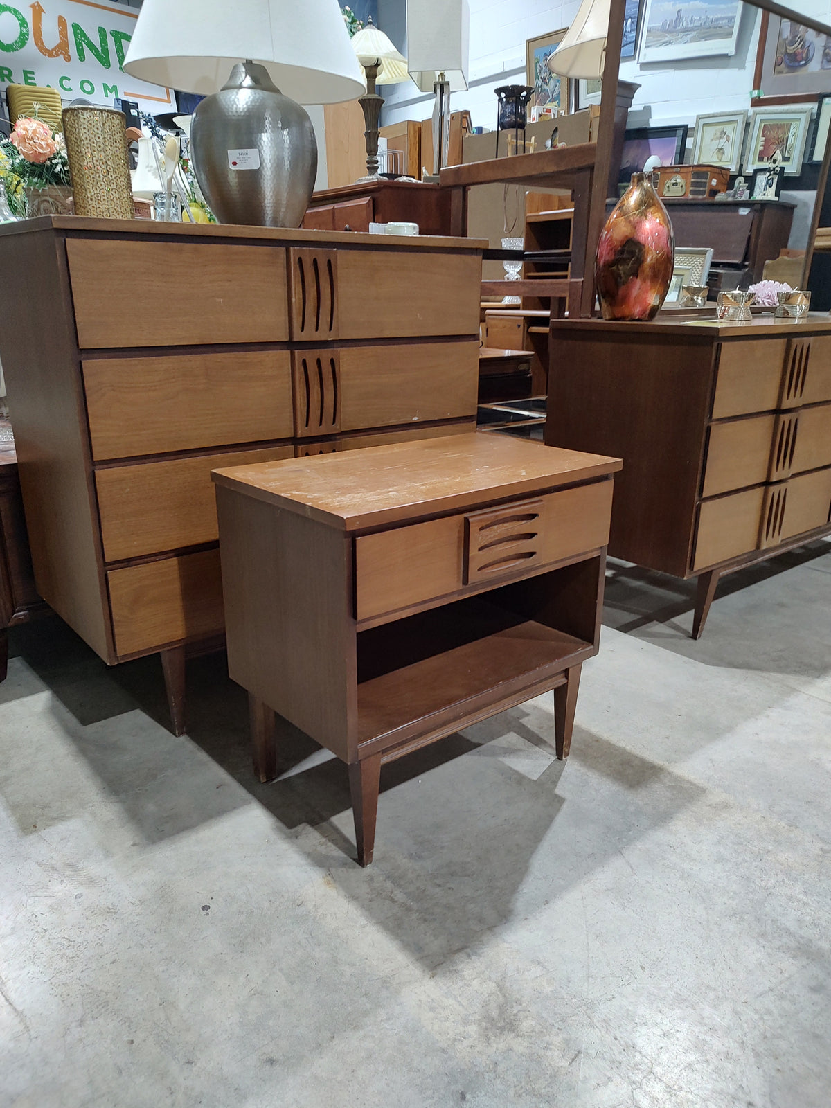 Mid-Century Modern Walnut Nightstand with Slatted Drawer