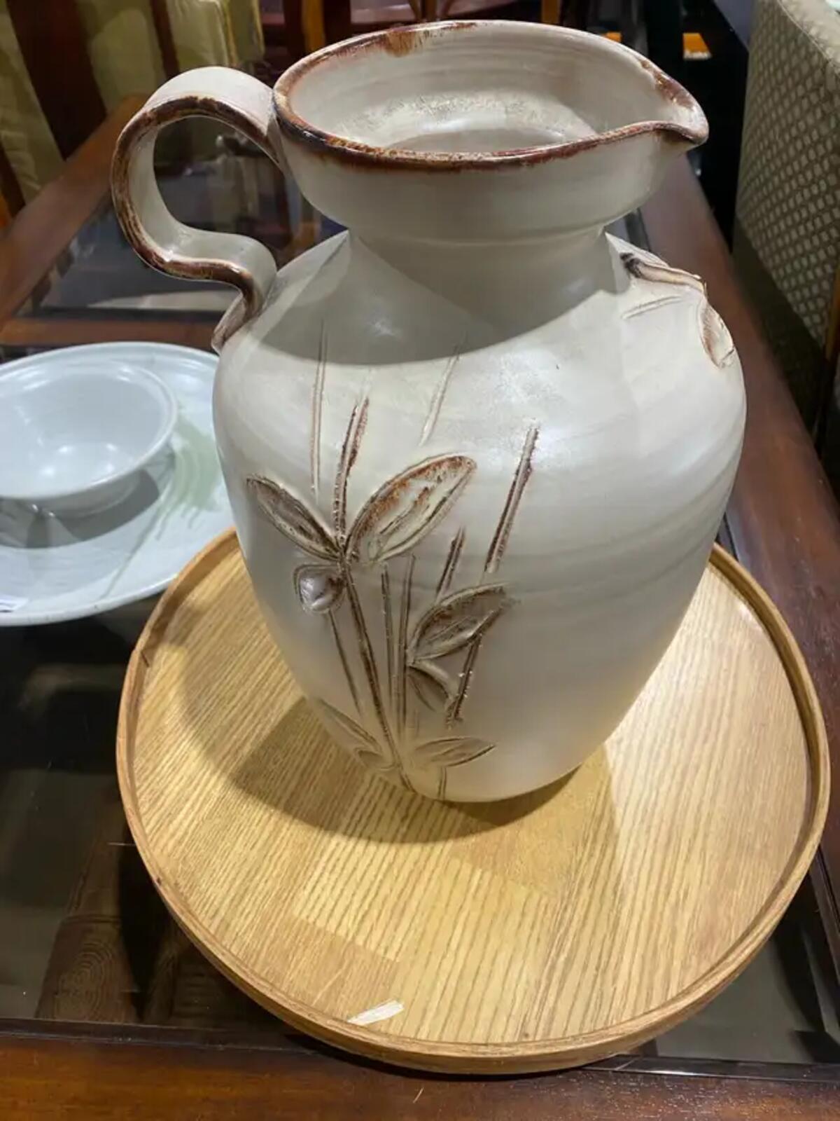 Mid-Century Modern Style Glazed Pottery Vase with Blue Flowers
