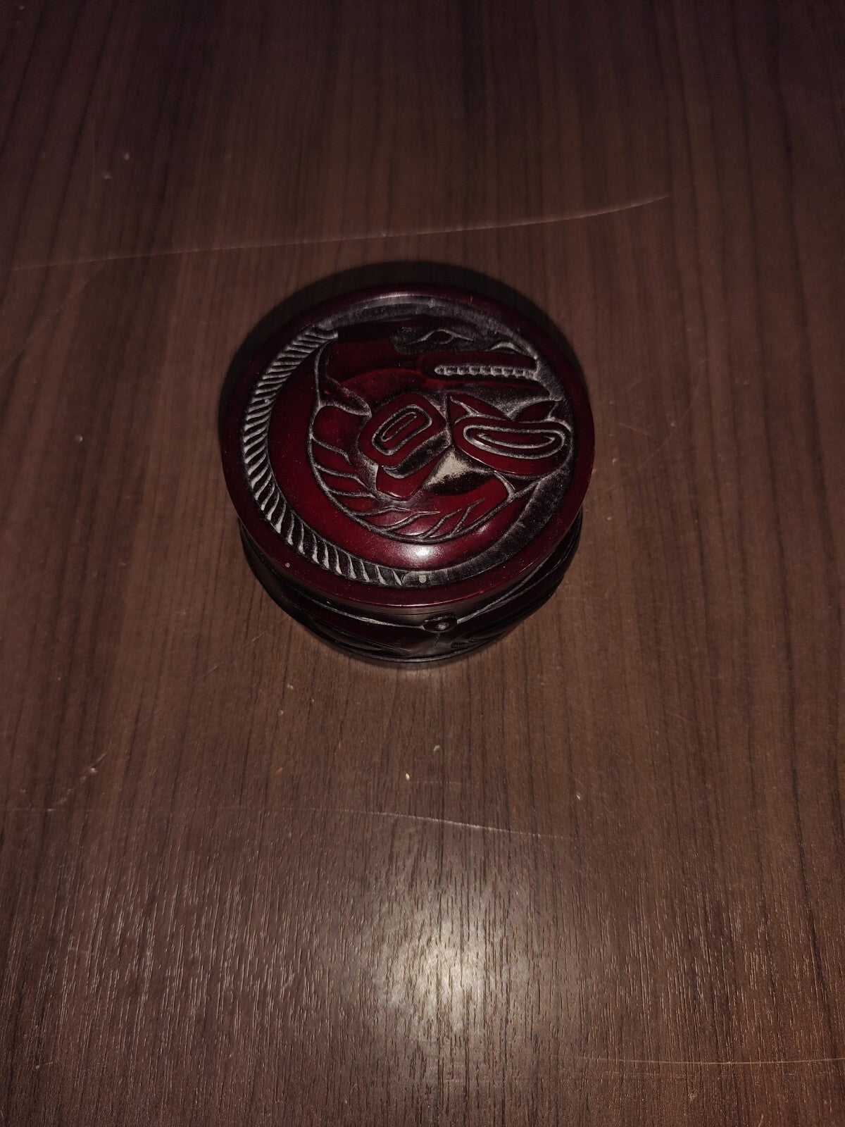 BOMA CANADA CARVED RESIN IN CHERRY WOOD TRINKET BOX WITH TRIBAL ART CARVINGS