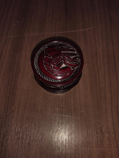 BOMA CANADA CARVED RESIN IN CHERRY WOOD TRINKET BOX WITH TRIBAL ART CARVINGS