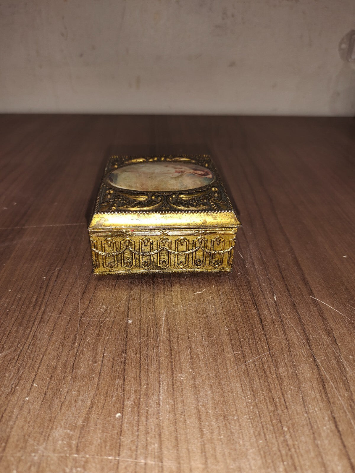 Vintage Ornate Metal Cameo Brass Trinket Jewelry Box  Red Velvet Lined