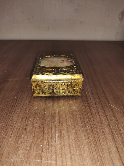 Vintage Ornate Metal Cameo Brass Trinket Jewelry Box  Red Velvet Lined