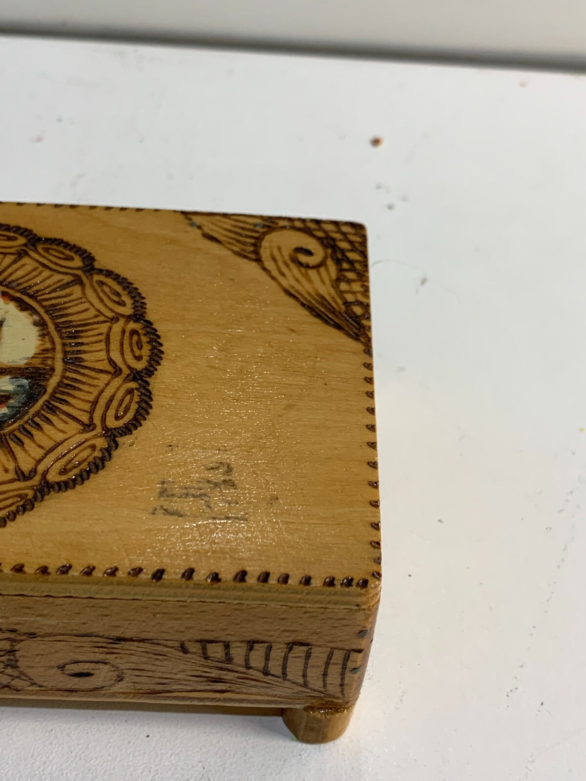 Antique Wooden Box with Hinged Lid, has a beautiful art on top.