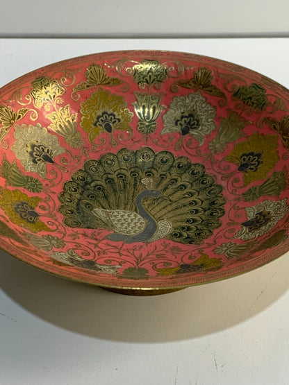 Vintage brass pedestal bowl, etched and enamel painted floral & peacock design.