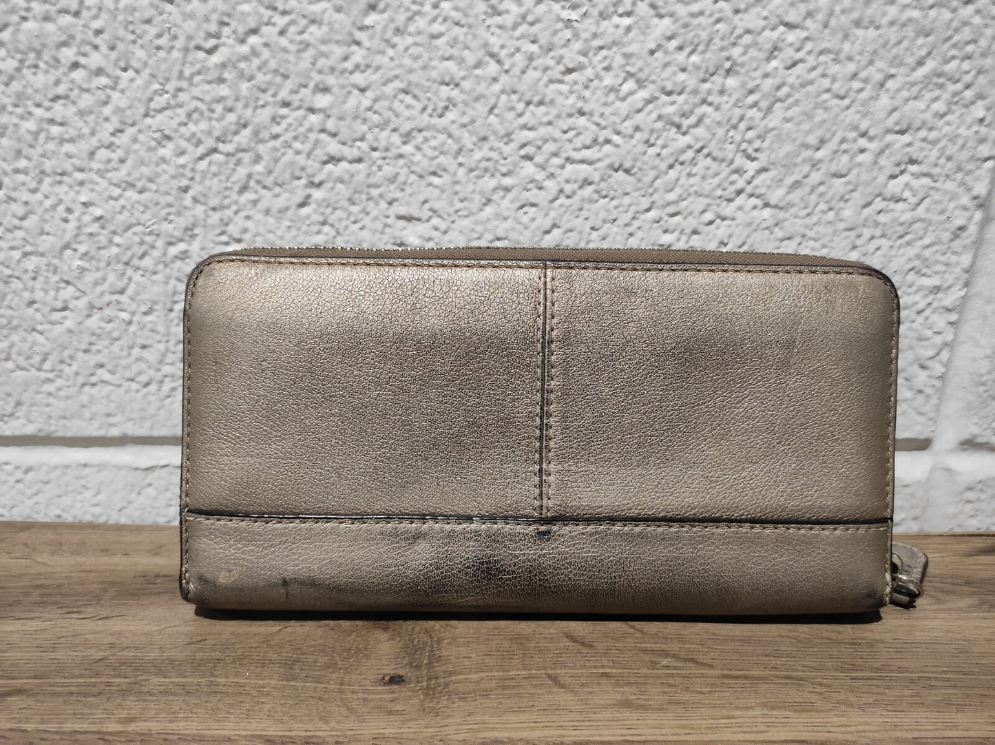 Coach Park Silver Gold Pebbled Leather Accordion Zip Around Wallet Clutch