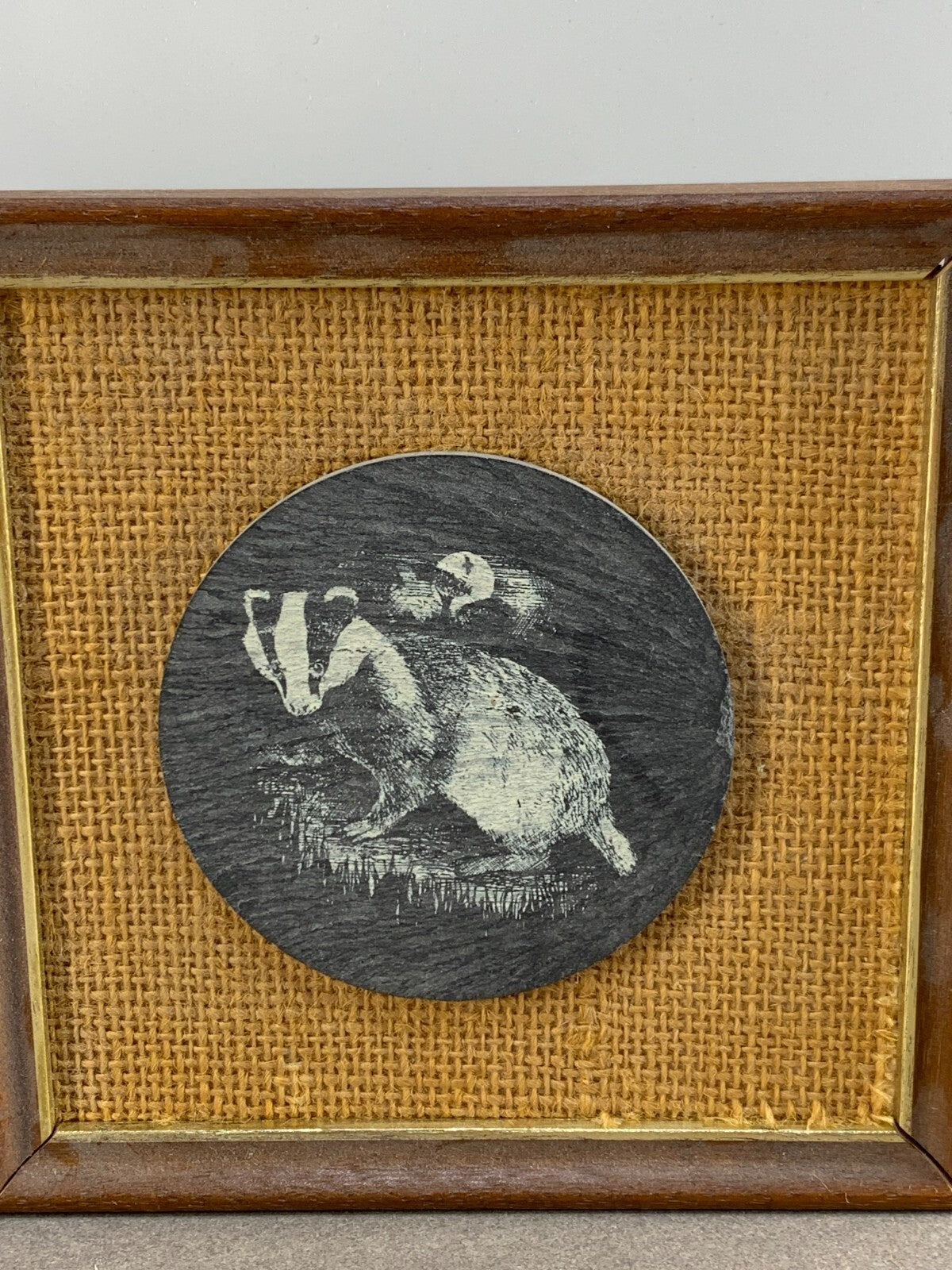 Beautiful Badger Art Handmade on a stone– Rustic Burlap Background