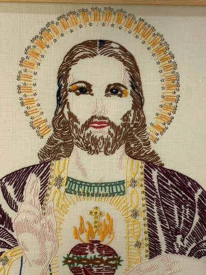 Vintage Jesus Sacred Heart Embroidery Unique Rare Art Folk Religious Outsider