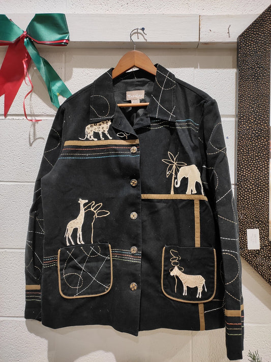 Women's L Denim Embroidered Jacket Safari Animals Elephant Giraffe Zebra Cheetah