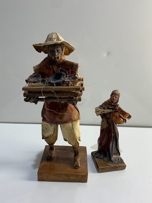 Vintage Mexican Folk Art Paper Mache Man & Woman Figures holding Pottery & Bowls