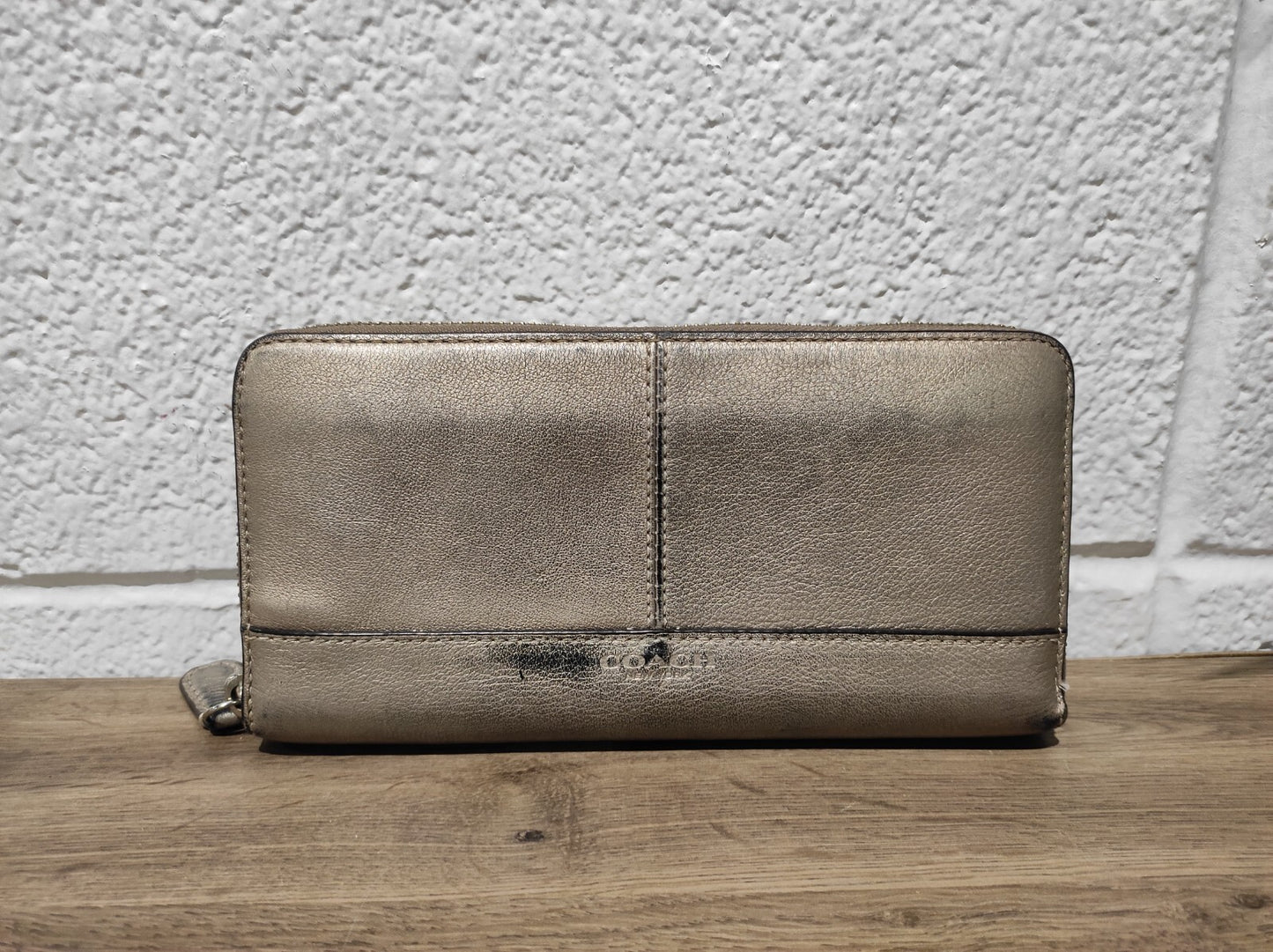 Coach Park Silver Gold Pebbled Leather Accordion Zip Around Wallet Clutch