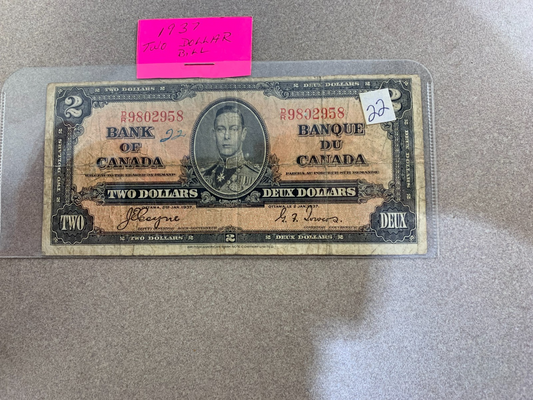 1937 $2 Bank of Canada Bill – Coyne/Towers – Serial D/R9802958 – George VI
