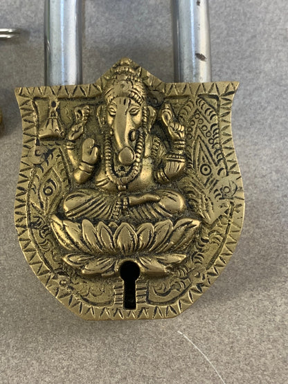 Brass Ganesh Design Decorative Lock Padlock Key Antique Collectible