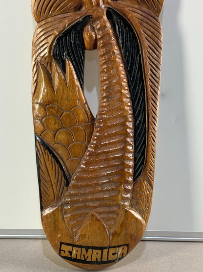 Vintage Hand Carved Jamaica Folk Art Palm Tree Wooden Wall Hanging Board