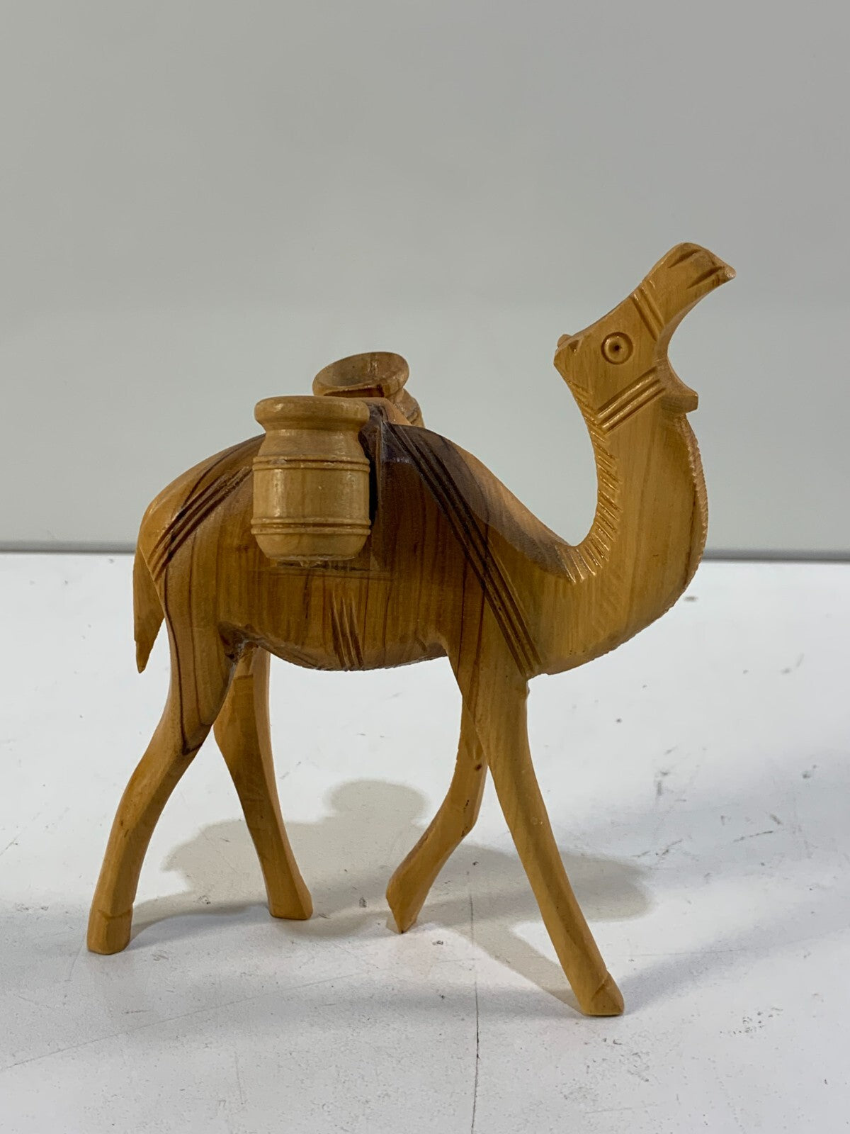 Vintage Hand Carved Wood Camel w/ Water Jugs