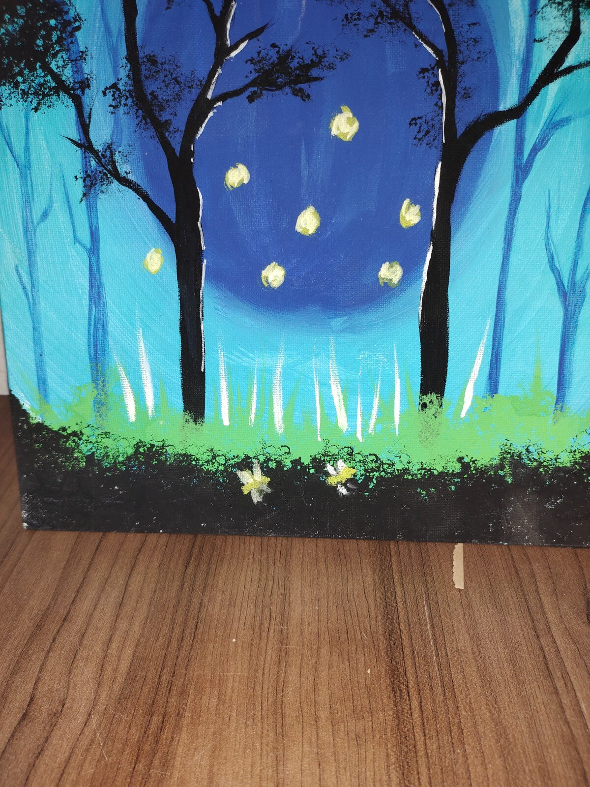Hand Painted Acrylic Stretch Canvas Painting - 14" X 11" - Dark Night In Jungle