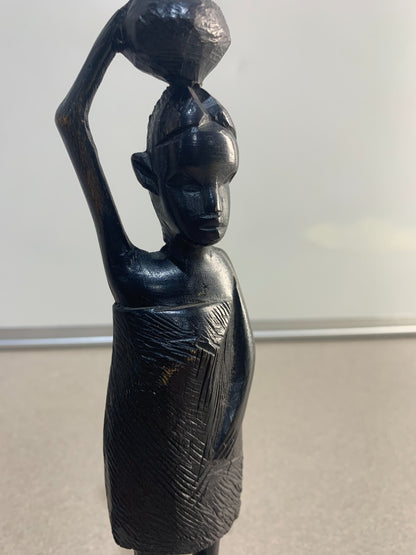Vintage 1960s Genuine Hand Carved Ebony Wood Woman Carrying Water