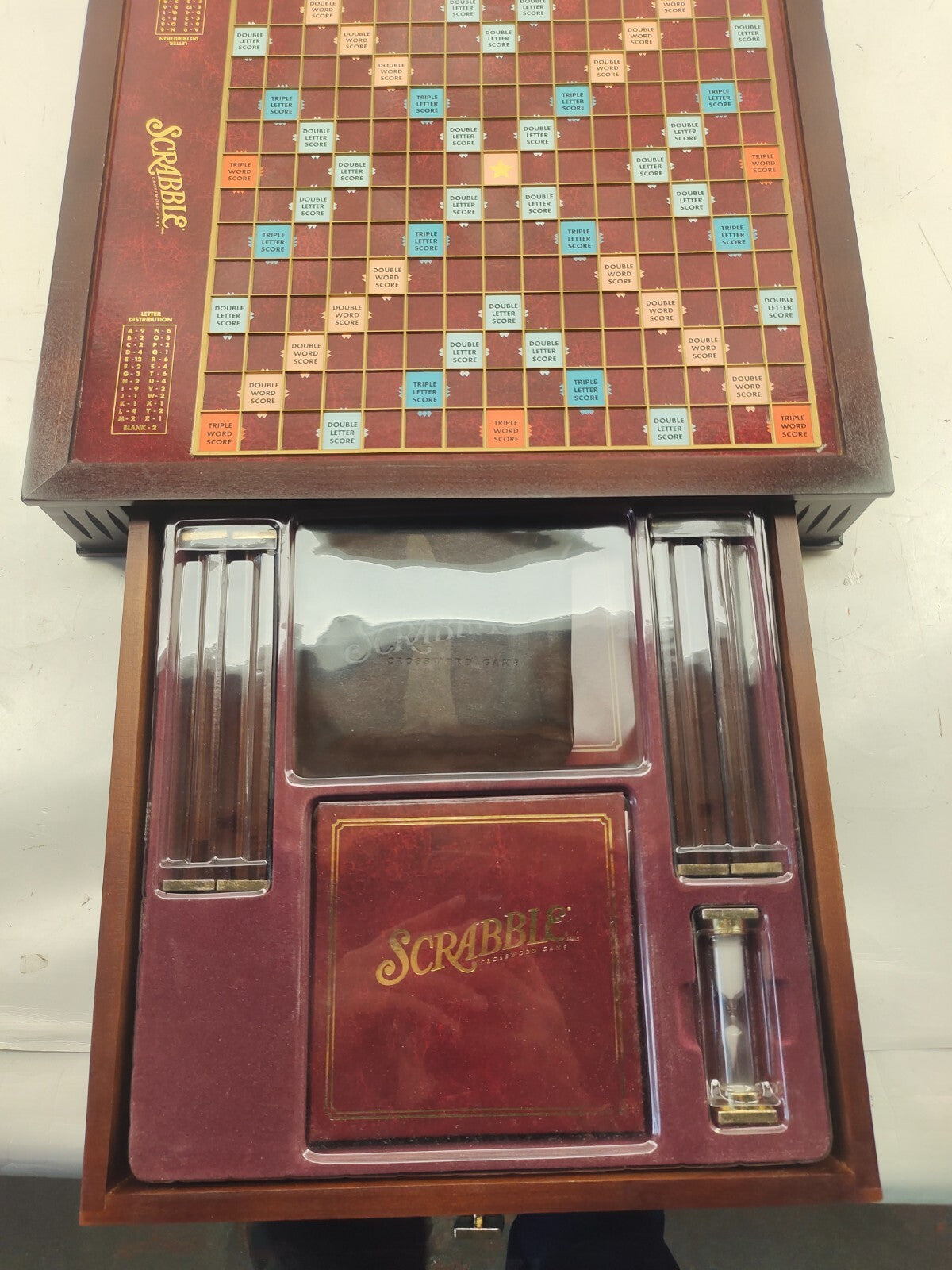 Early SCRABBLE Board Game in early WOOD CASE with DRAWERS FOR GAME PIECES