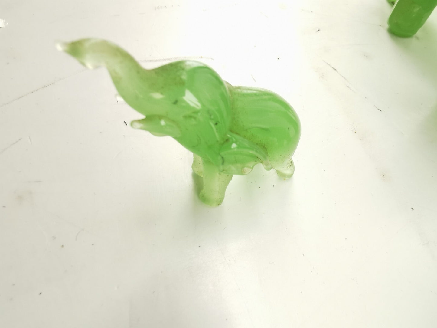 Vintage Green Glass Elephant Group Sculptures Set of 7