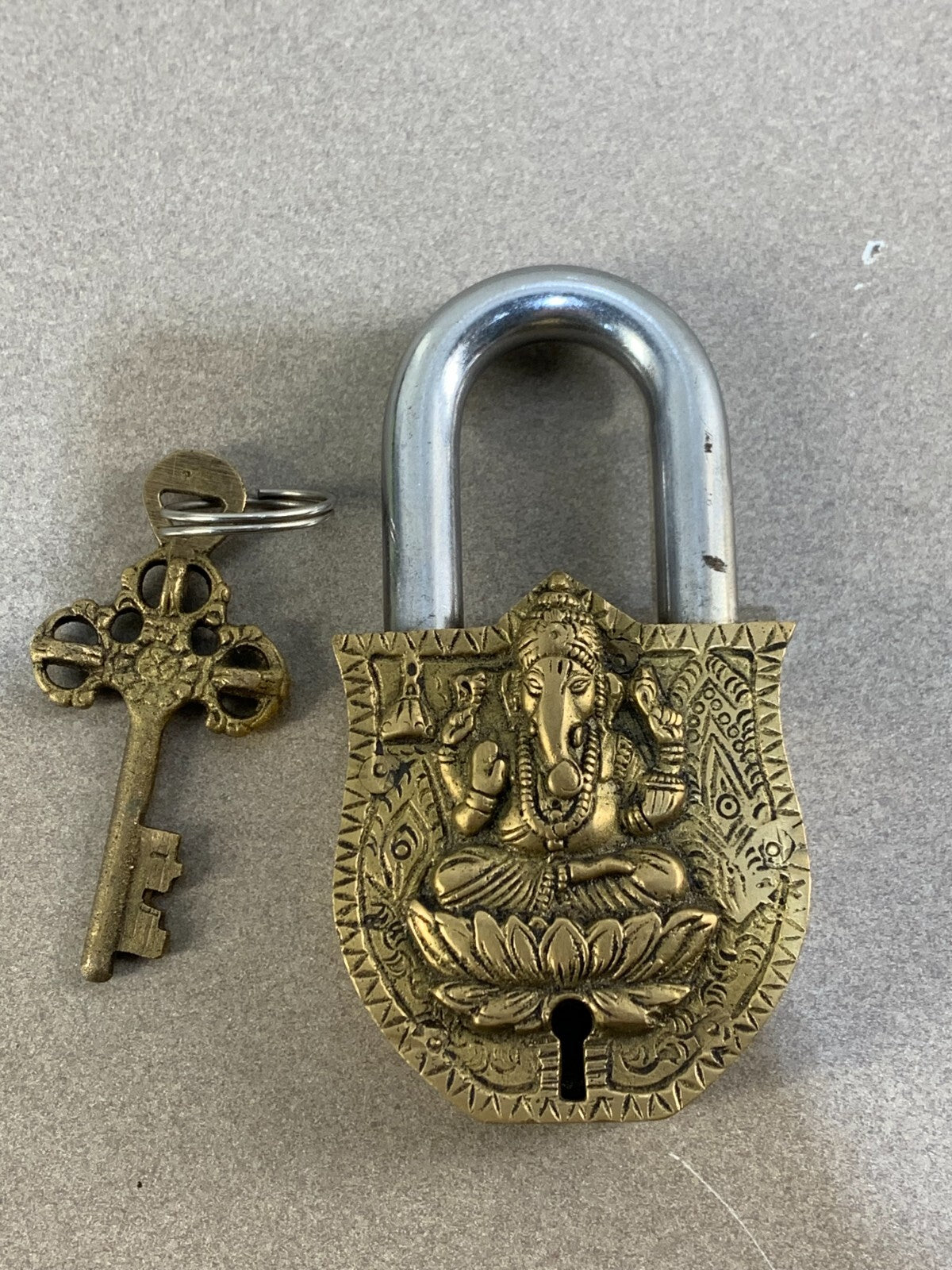Brass Ganesh Design Decorative Lock Padlock Key Antique Collectible