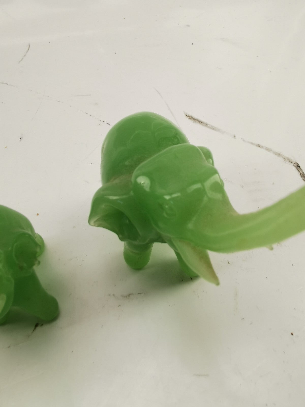 Vintage Green Glass Elephant Group Sculptures Set of 7