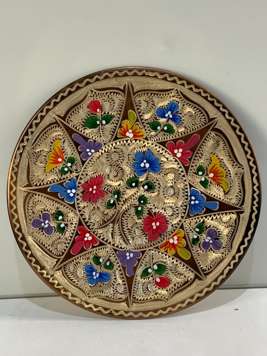 Vintage Brass Plate Wall Decor Floral Handmade Handpainted Bronze