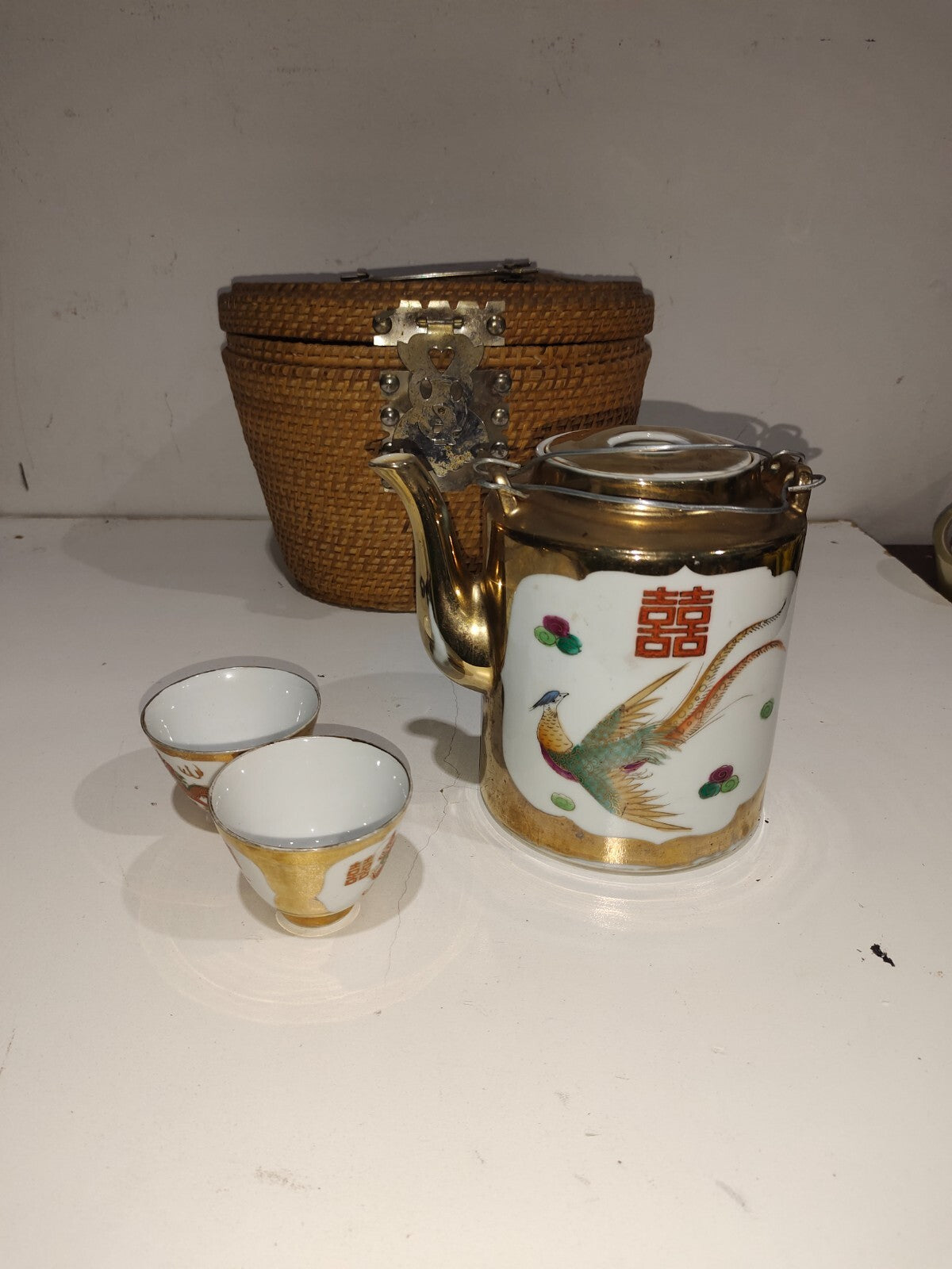 Vintage Chinese White Geisha Porcelain Tea Pot Set - Basket