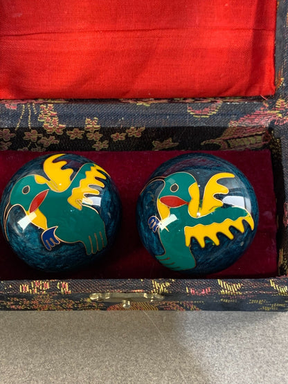 Vintage Post Acupuncture Bird Cloisonne Chinese Health Baoding Chime Balls.