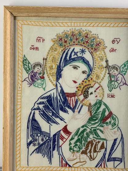 ANTIQUE EARLY 20TH CENTURY RUSSIAN RELIGIOUS ICON "MOTHER OF GOD" NEEDLEPOINT