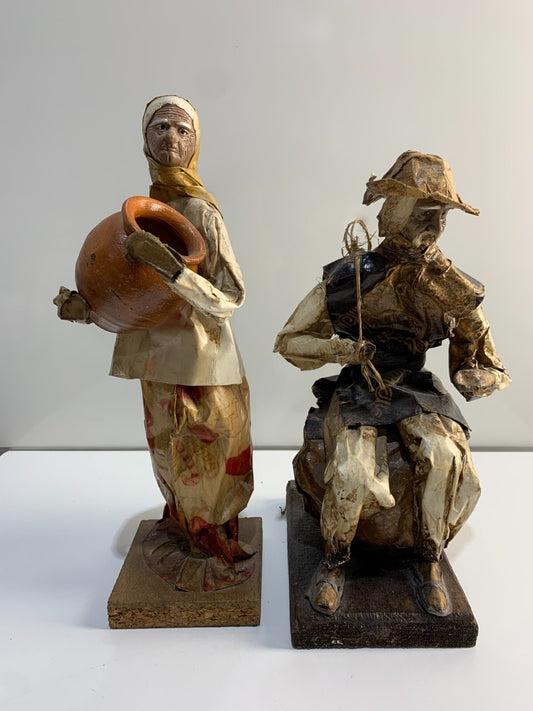 Vintage Mexican Folk Art Paper Mache Man and Woman Figures with Pottery