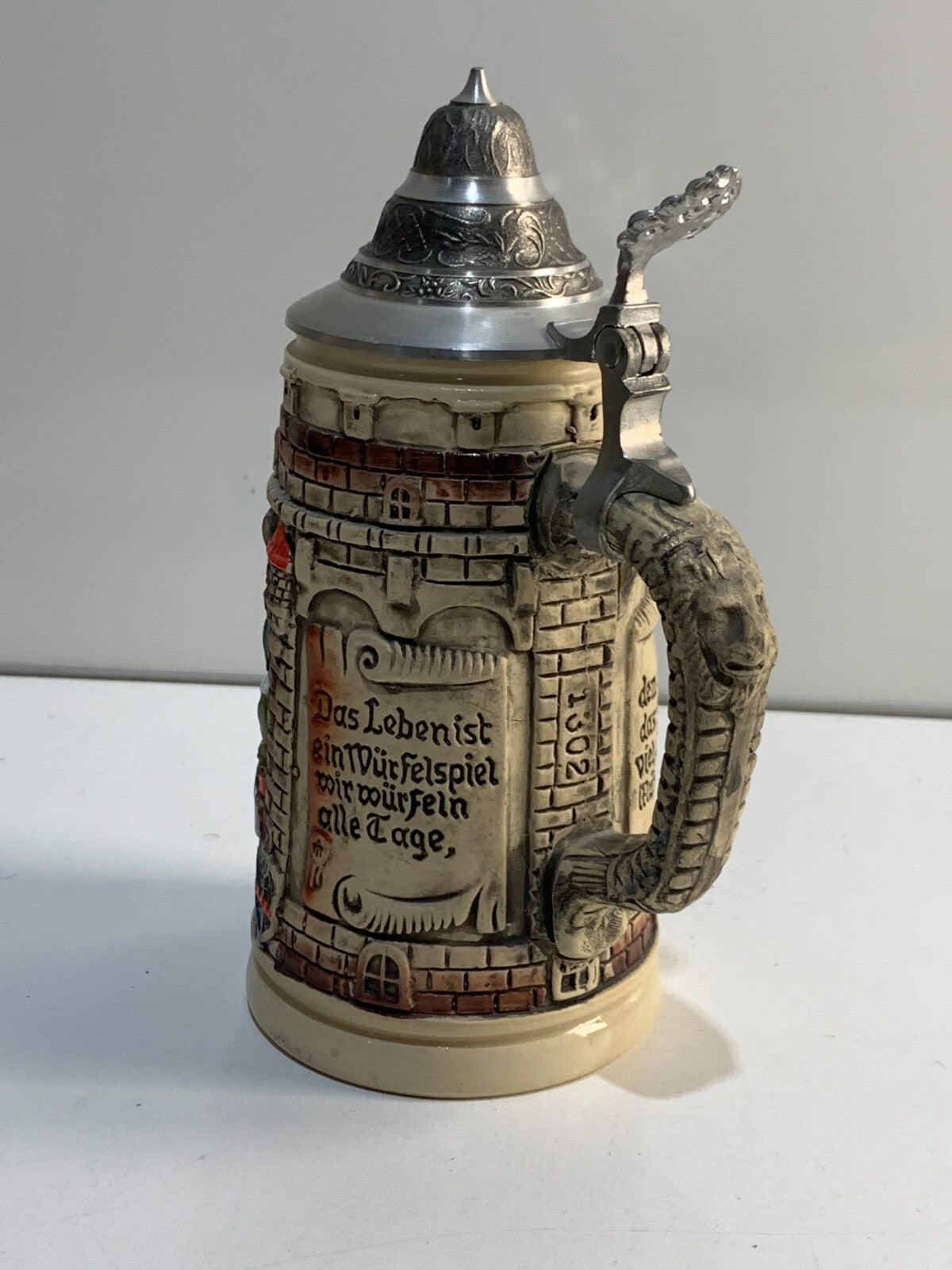 German Beer Stein life is a game of dice Knight Stein tankard, beer mug