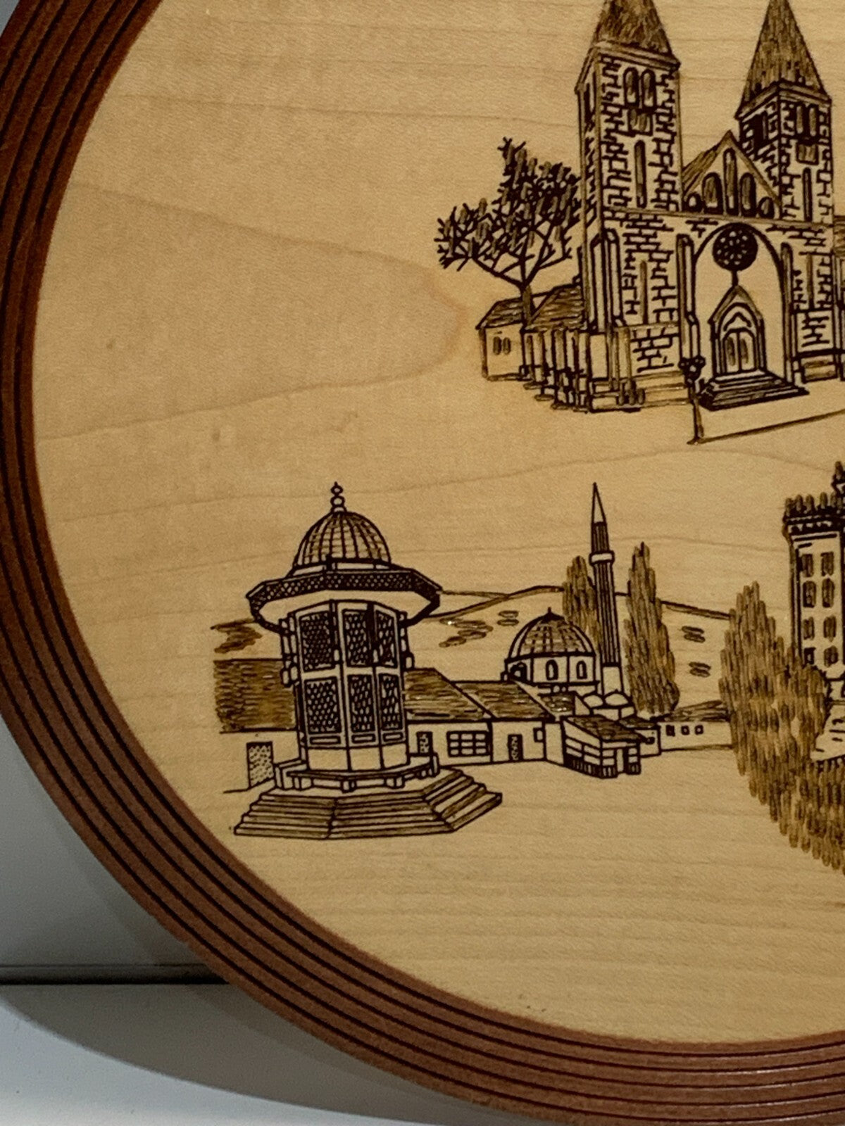 Bosnian covered wooden dish pyrography wall plaque
